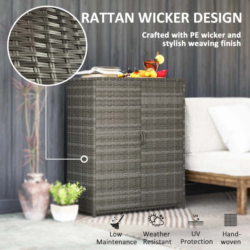 Outsunny Rattan Wicker Outdoor Storage Cabinet with 4 Shelves and 2 Doors for Garden Pool Towel Storage, Mixed Gray