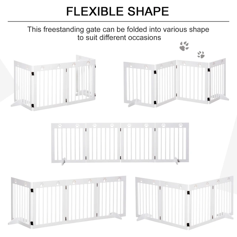 PawHut Freestanding Pet Gate 4 Panel Wooden Dog Barrier Folding Safety Fence with Support Feet up to 80.25" Long 24" Tall for Doorway Stairs White