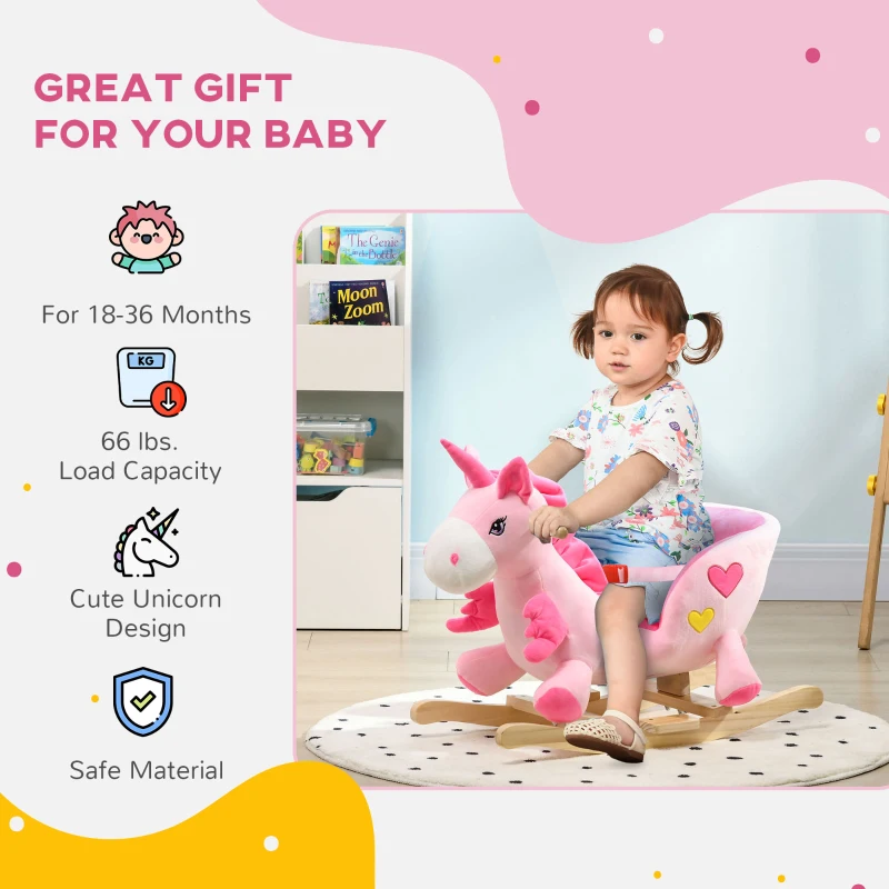 Qaba Baby Rocking Horse Ride On Unicorn with 32 Songs, Seatbelt, Pink
