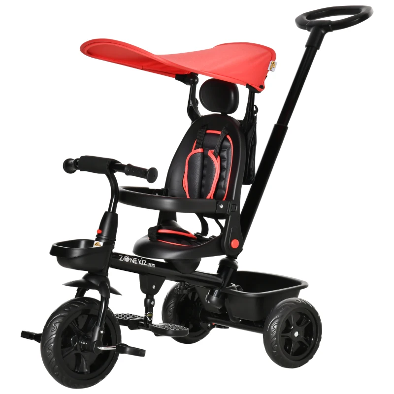 Qaba Kids Tricycle 4 In 1 Trike with Reversible Angle Adjustable Seat Removable Handle Canopy Handrail Belt Storage Footrest Brake Clutch for 1-5 Years Old Red