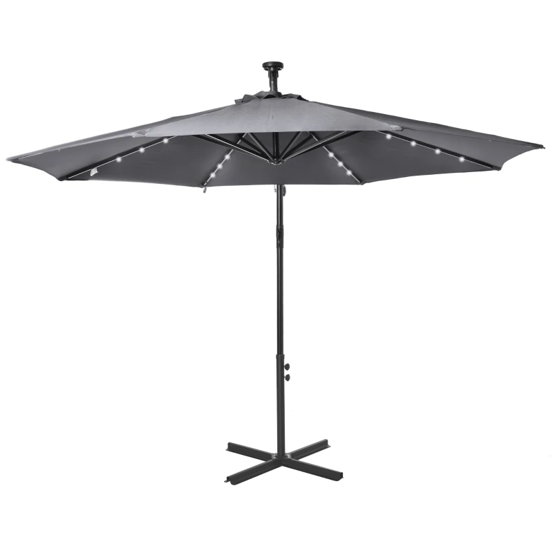 Outsunny 10ft Outdoor Cantilever Umbrella with Solar Lights, Banana Umbrella with Adjustable Angle for Patio, Backyard, Dark Gray