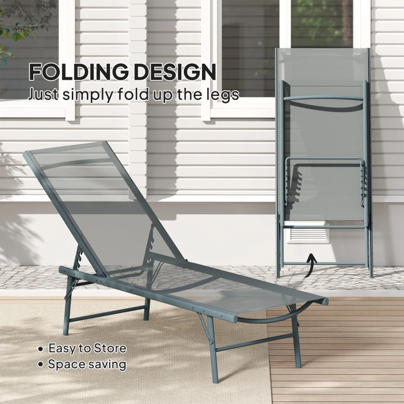 Outsunny 2 Pieces Folding Outdoor Lounge Chairs, Reclining Chaise Lounge Tanning Chair w/ Adjustable Back, Mesh Seat, Light Grey