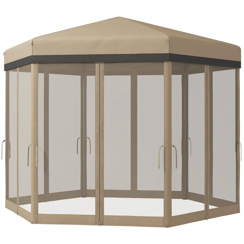 Outsunny 12'x12' Pop Up Canopy, Hexagon Gazebo with Netting, Carry Bag, Height Adjustable Instant Shelter, Khaki