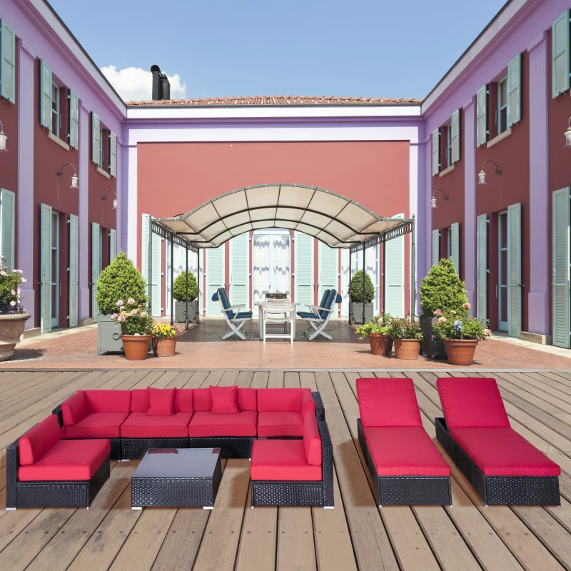 Outsunny 9 Pieces Wicker Patio Furniture Set with Cushion, PE Rattan Outdoor Conversation Set Sectional Sofa Set with 2 Loungers and Glass Tabletop, Aluminum Frame, Coffee & Red
