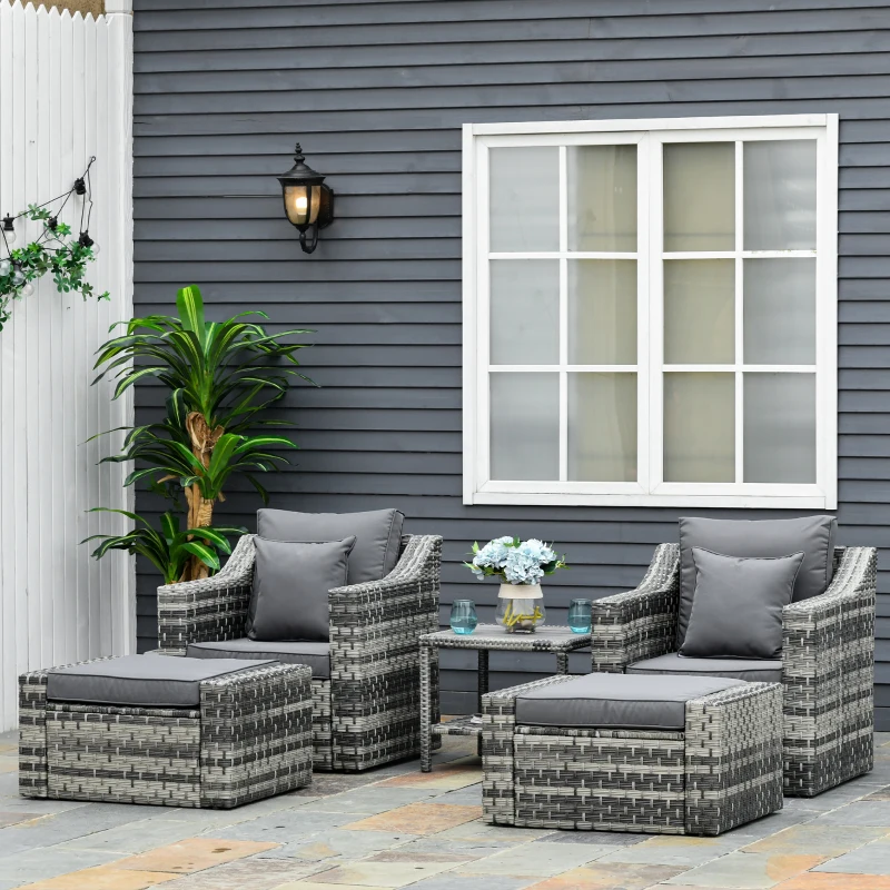 Outsunny 5pc Patio Furniture Set, All Weather PE Rattan Conversation Chair and Ottoman Set w/ Table, Cushion Pillows, Mixed Gray