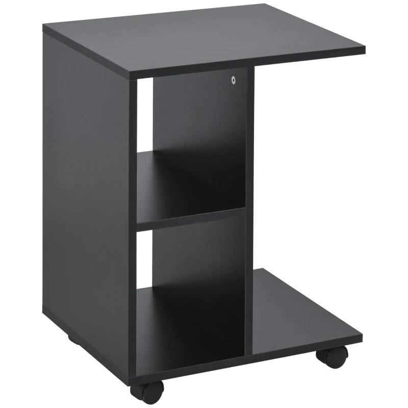 HOMCOM C-Shape Side Table End Table with Storage Open Shelf, Coffee Table on Wheels for Home Office Studio Black