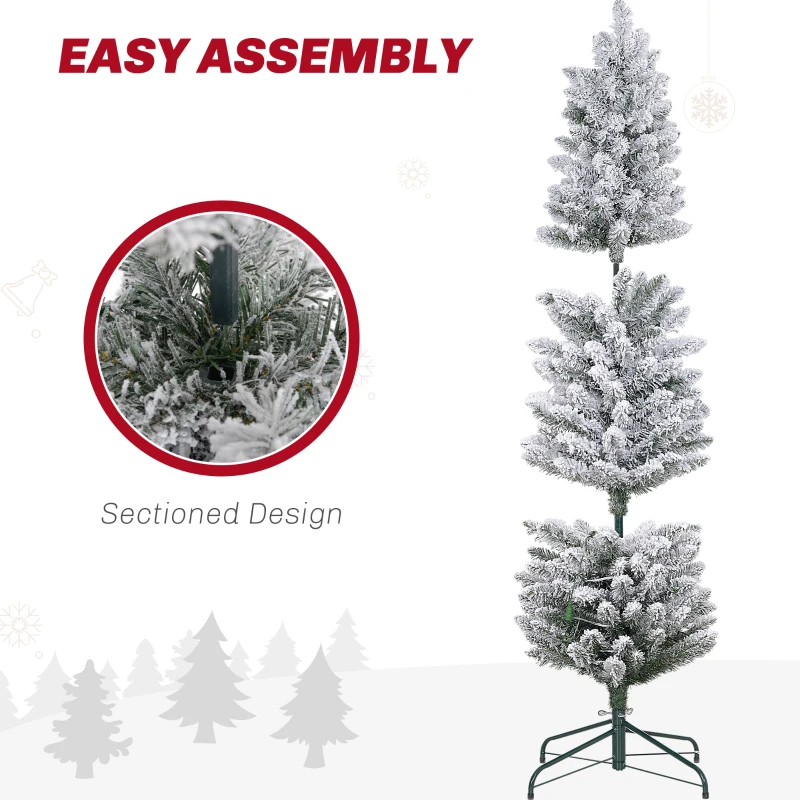 HOMCOM 5ft Artificial Prelit Christmas Tree with Warm White LED Light, Snow Flocked Branches, Metal Base, Pencil Xmas Tree