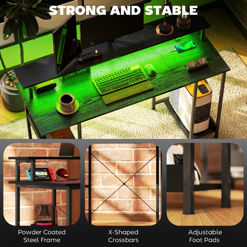 HOMCOM Computer Desk with Storage, 55" Reversible Computer Table with Power Outlets and LED Lights, Distressed Black