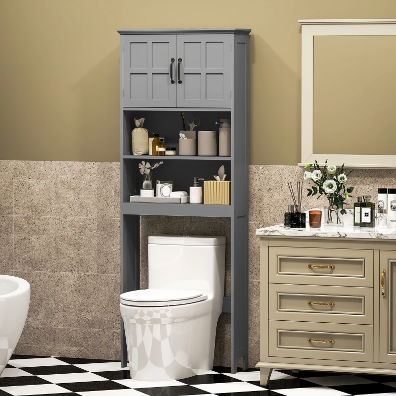 kleankin Modern Over The Toilet Storage, Bathroom Cabinets Over Toilet with Open Shelves and Double Door Cabinet, Grey