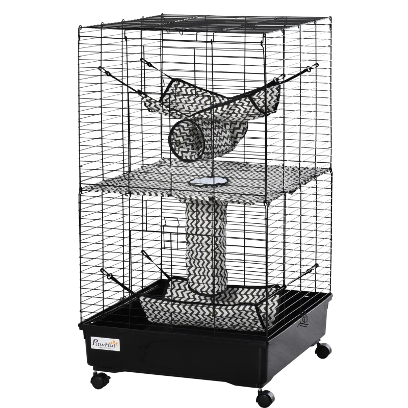 PawHut Small Animal Cage Ferret Cage with Wheels Hammocks Tunnels and 3 Doors Black