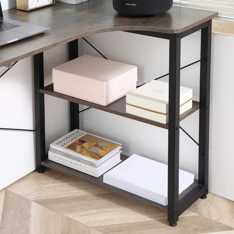 HOMCOM L-Shaped Computer Desk Home Office Corner Desk Study Workstation Table with 2 Shelves, Steel Frame, Brown