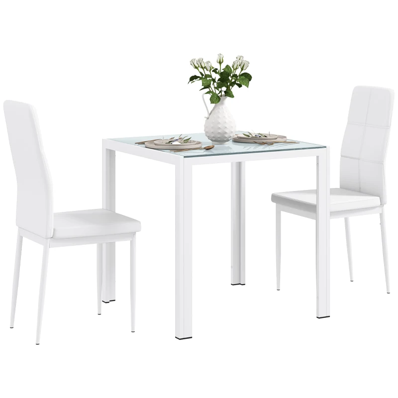 HOMCOM 3-Piece Rectangular Glass Kitchen Table and Chairs with Metal Frame and Faux Leather Upholstery for Dining Room, White