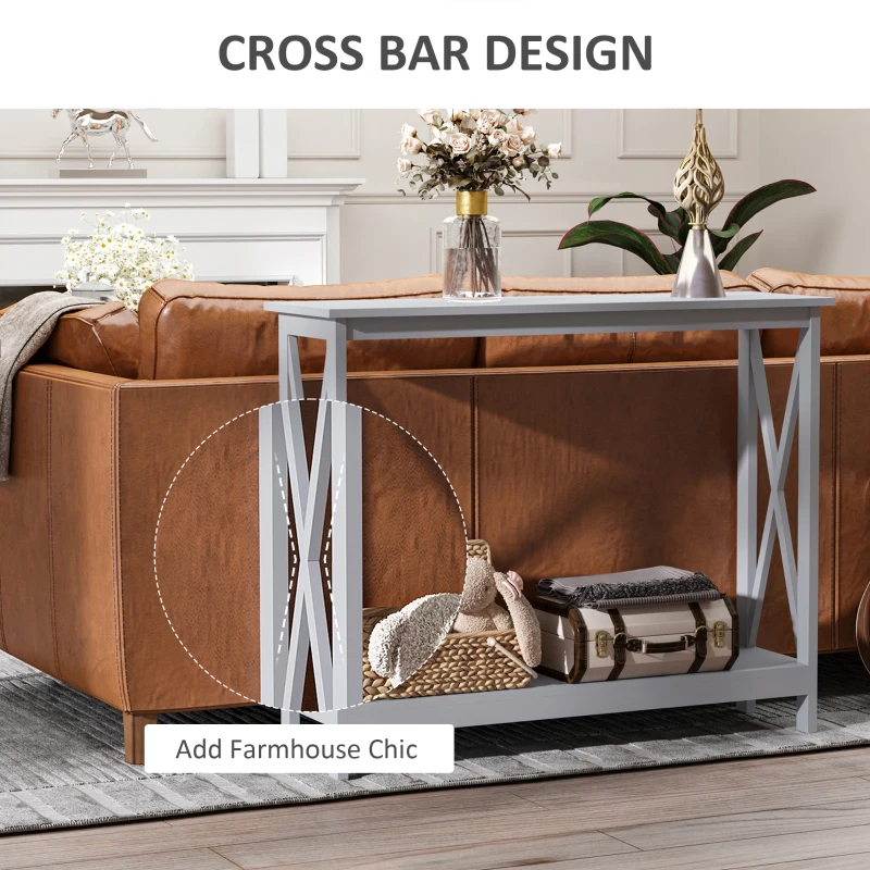HOMCOM 2-Tier Console Table, Sofa Side Table with Storage Shelf, X Design for Entryway, Living Room, and Hallway, Grey