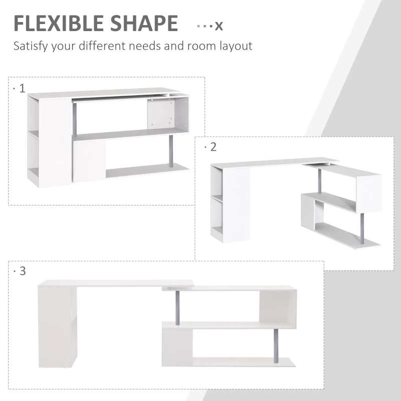 HOMCOM 55" Corner Computer Desk, 360° Rotating L-Shaped Desk, Home Office Workstation with 3-Tier Shelves, Bookshelf, White