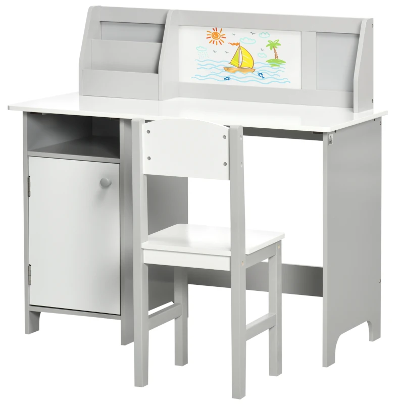 Qaba 2Pcs Kids Desk and Chair Set with Whiteboard, Storage, Shelves, Grey