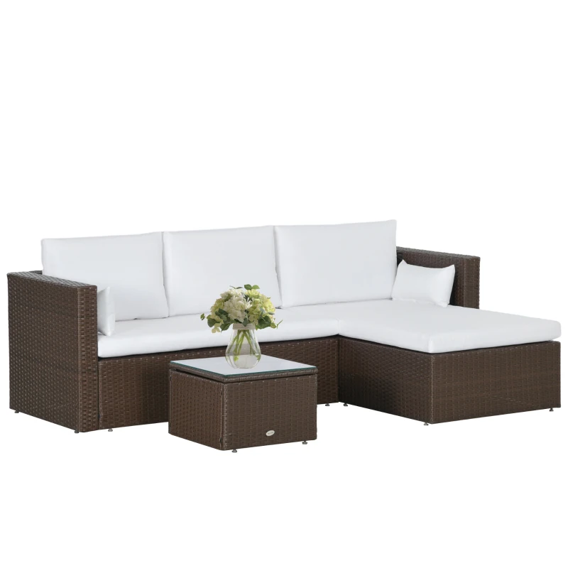 Outsunny 3pcs Modern Rattan Sofa Set, Wicker Patio Furniture Set with Coffee Table, Cushions, Pillows