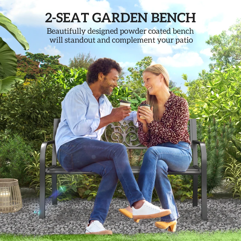 Outsunny 50" Outdoor Bench, Metal Garden Bench with Floral Pattern Backrest, Porch Bench with Slatted Seat for Park, Yard, Lawn, Black