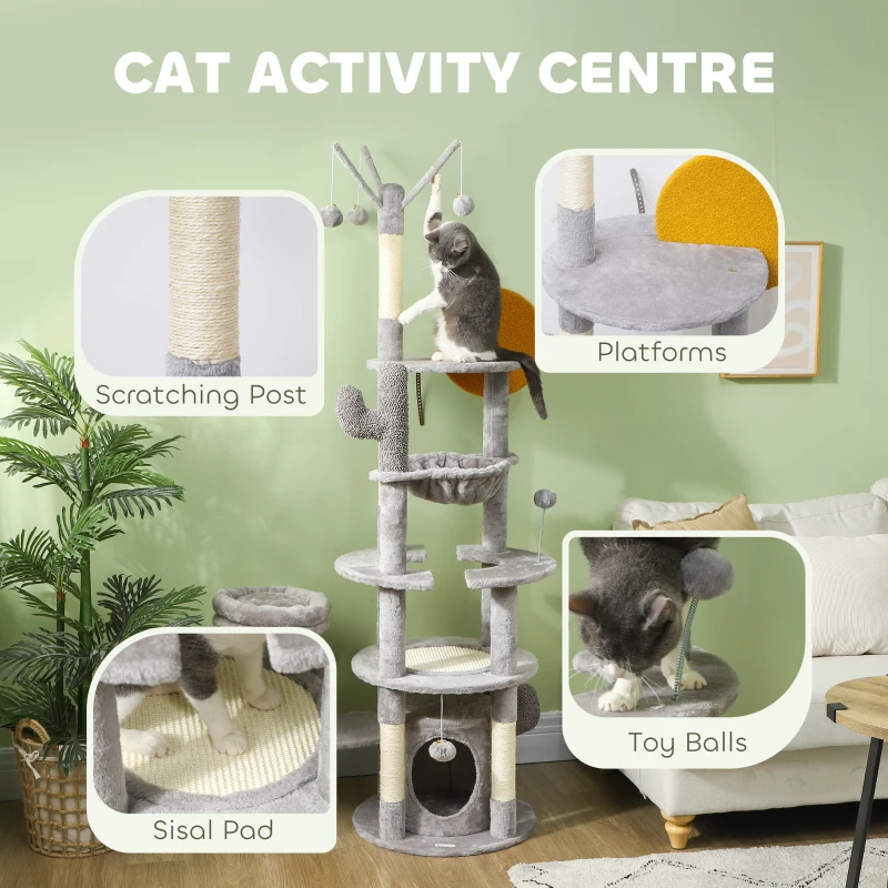 PawHut 71" Cat Tree, Cat Tower with Scratching Posts, Sisal Pad, Cat Condo, Bed, Hammock, Platforms, Toy Balls, Light Grey