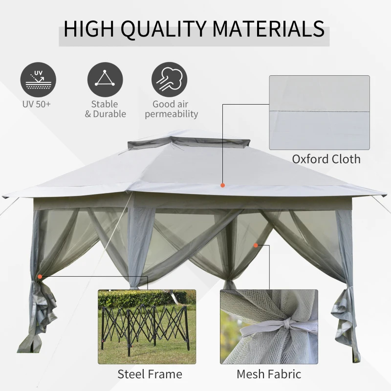 Outsunny 12' x 12' Foldable Pop-up Party Tent Instant Canopy Sun Shade Gazebo Shelter Steel Frame Oxford w/ Roller Bag, Light Grey