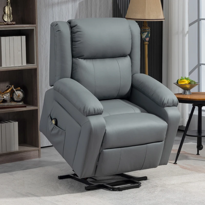HOMCOM Lift Chair for Seniors, PU Leather Upholstered Electric Recliner Chair with Remote, Side Pockets, Quick Assembly, Grey