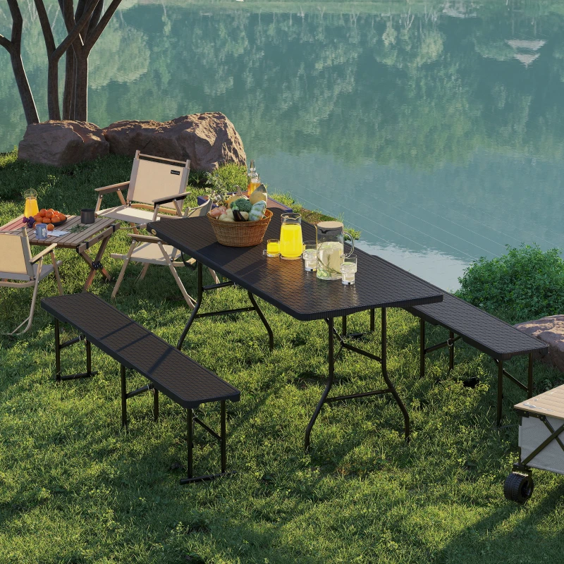 Outsunny 6FT 3PCS Faux Rattan Outdoor Camping Table Bench Set with Carrying Handles, Folding Picnic Table with 2 Benches, Black