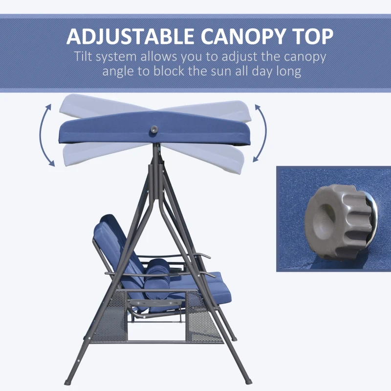 Outsunny 2-Person Patio Swing Bench with Adjustable Shade Canopy, Soft Cushions, Throw Pillows and Tray, Dark Blue