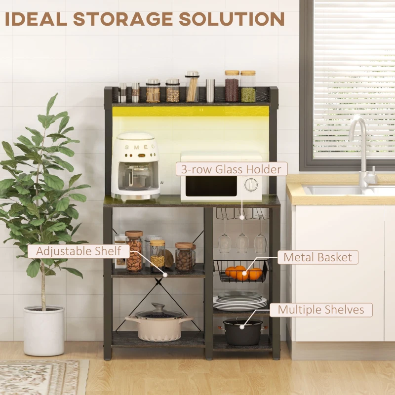 HOMCOM Industrial Kitchen Bakers Rack with Charging Station, RGB Lights, Glass Holders and Open Shelves, Gray