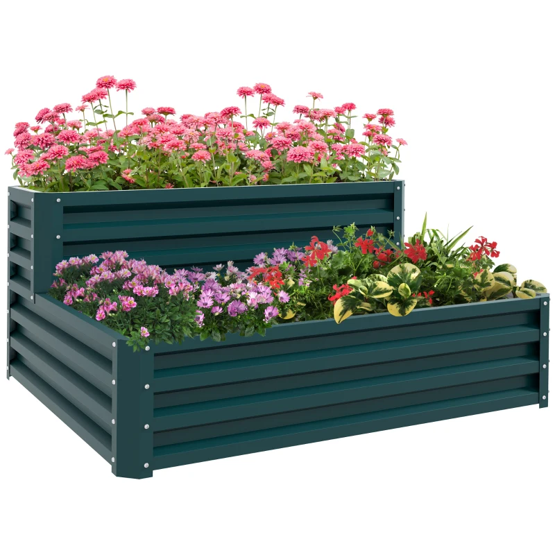 Outsunny 2 Tier Galvanized Raised Garden Bed, Steel Planter Box for Vegetables, Flowers, Herbs, 47" x 40" x 23", Green