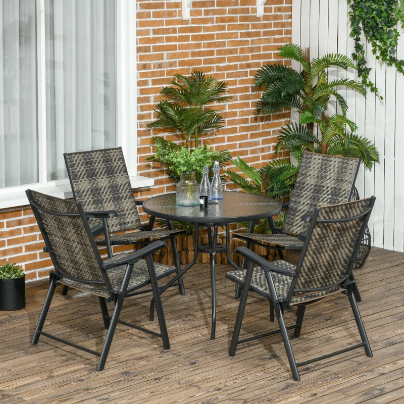 Outsunny 5 Pieces Wicker Patio Dining Set Outdoor Furniture Set, Glass Top Dining Table with Umbrella Hole, 4 Folding Armchairs, PE Rattan Conversation Set for Garden, Mixed Grey