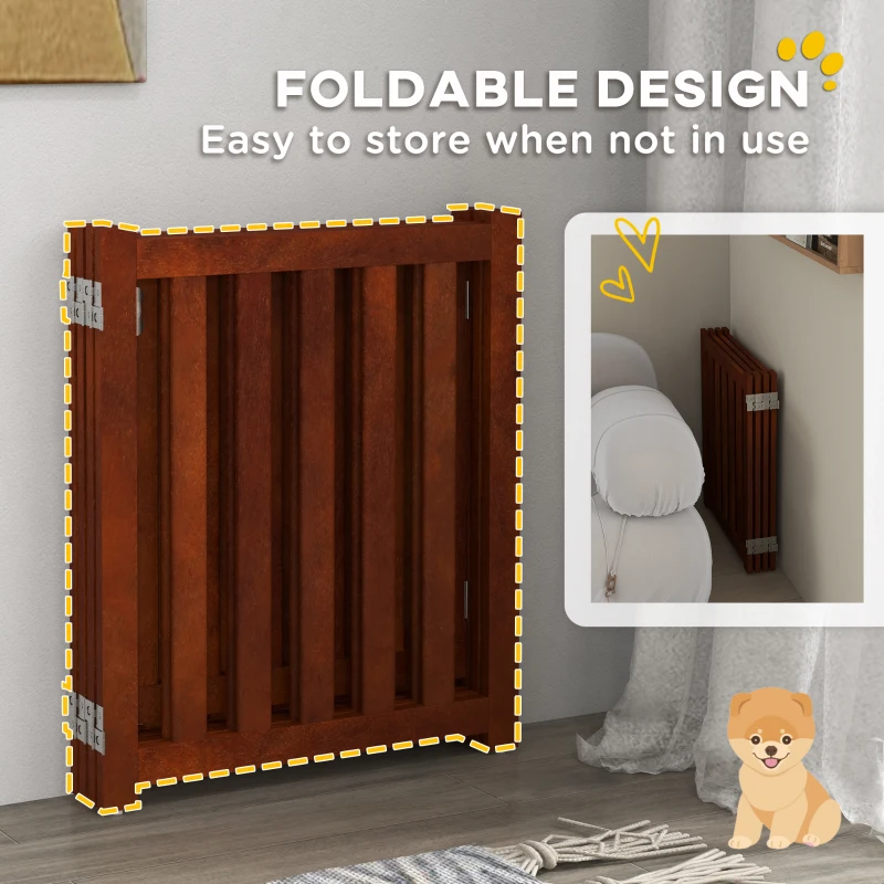PawHut Foldable Dog Gate with Door, 4 Panels Fressstanding Pet Gate, Brown