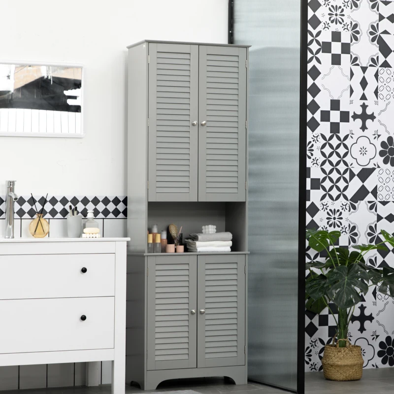 HOMCOM Tall Narrow Bathroom Storage Cabinet with Doors and Shelf Adjustability, Freestanding Linen Cabinet with 2 Cabinets and Countertop, Gray