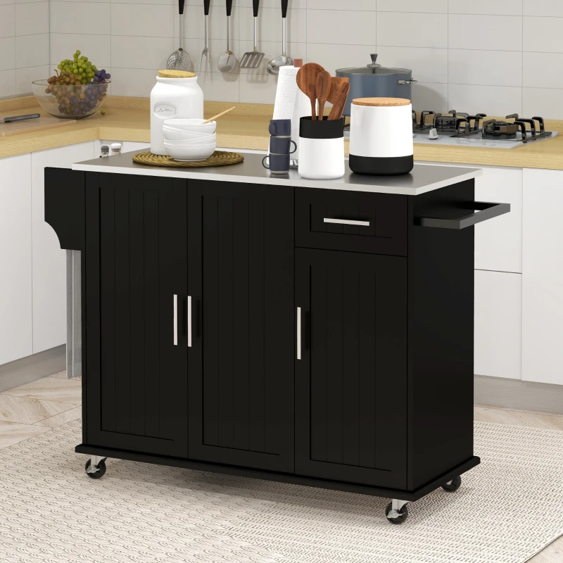 HOMCOM Kitchen Island with Wheels, Kitchen Island on Wheels with Drawer, 3 Cabinets, Stainless Steel Countertop, Black
