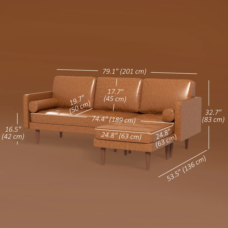 HOMCOM Faux Leather Sectional Sofa Couch L-Shaped Corner Sofa Set with Footstool and 2 Bolster Pillows, Brown