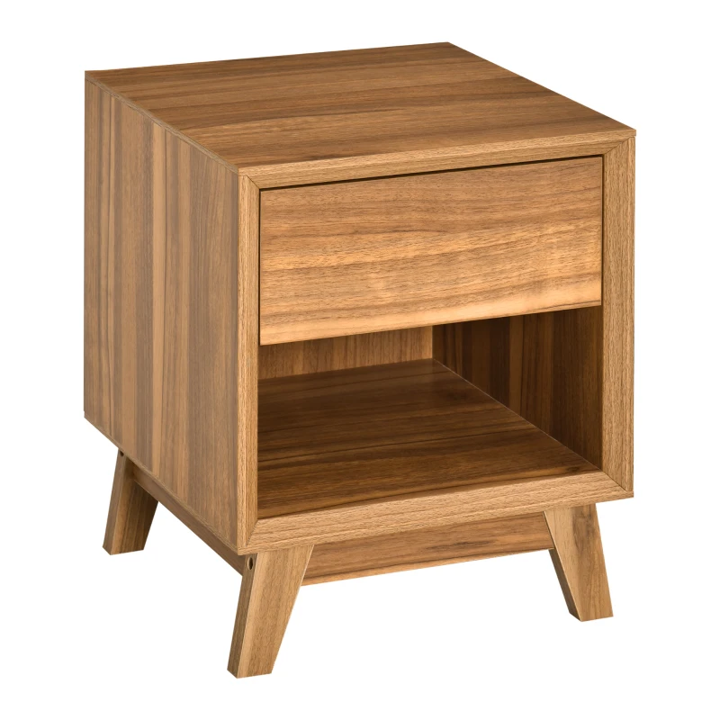 HOMCOM Bedside Table for Bedroom, Nightstand with Drawer and Shelf, Modern Side End Table, Walnut Brown