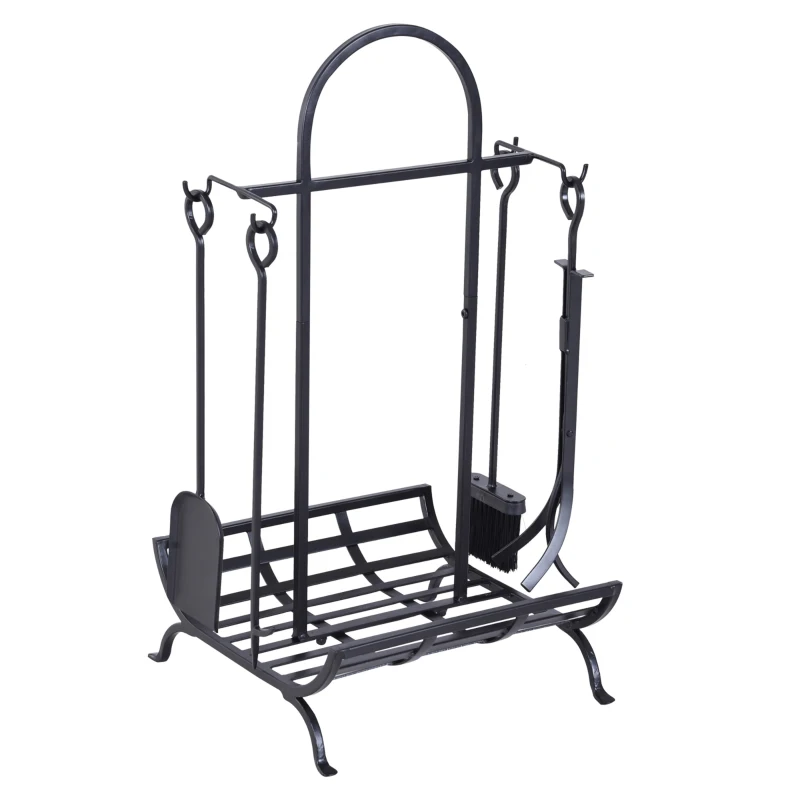 Outsunny Indoor Outdoor Firewood Rack with 4 Tools, elevated base Steel Power Coated Construction Fire Wood Storage Stacking Set, Black