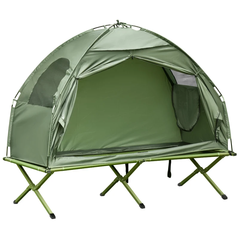 Outsunny Compact Pop Up Portable Folding Outdoor Elevated Camping Cot Tent Combo Set Dark Green