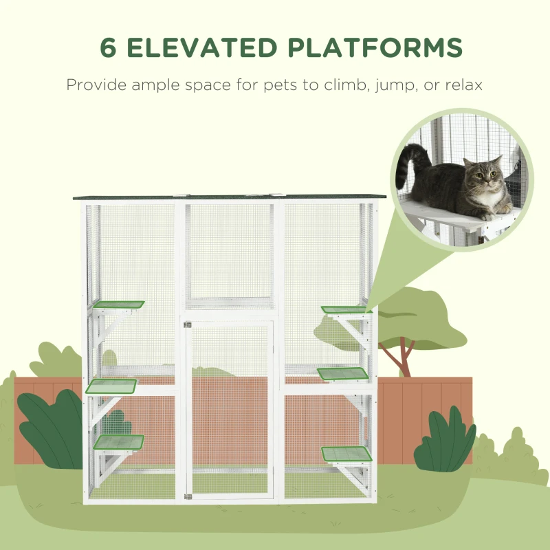 PawHut Large Outdoor Catio Enclosure, Wooden Cat Patio with 6 Balanced Platforms and Asphalt Roof, 70.9" x 38.6" x 70.9", White