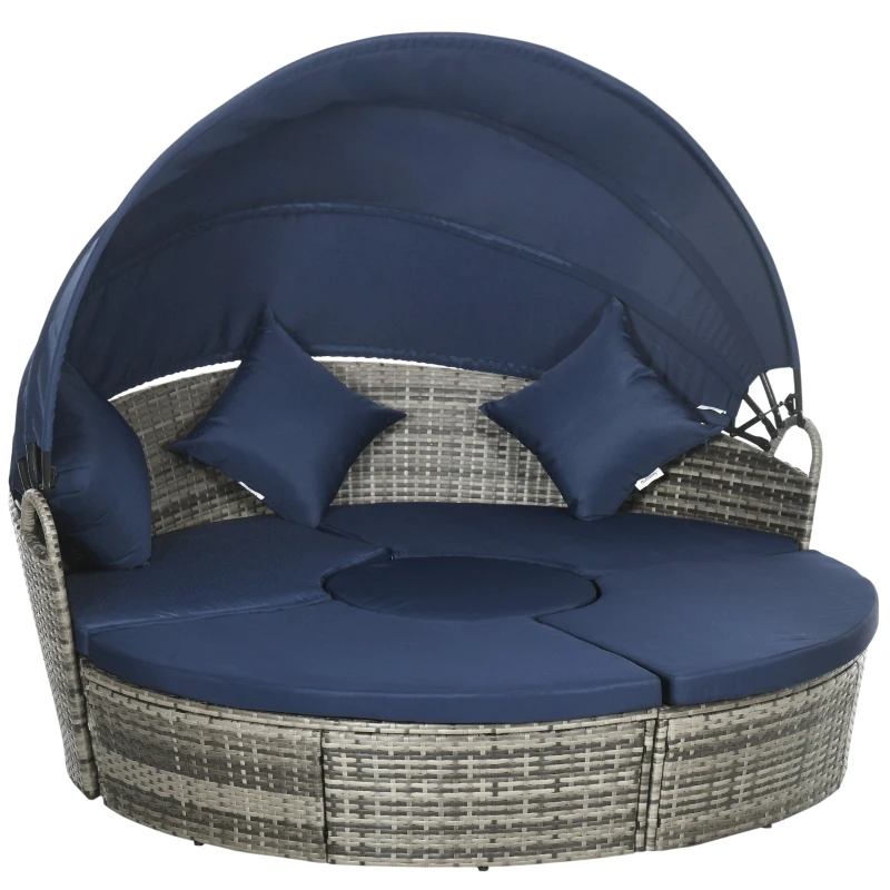 Outsunny 4 Pieces Outdoor Daybed with Retractable Canopy, PE Rattan Wicker Round Sofa Day Bed, Patio Sectional  Conversation Furniture Set with Cushions and Pillows, Dark Blue