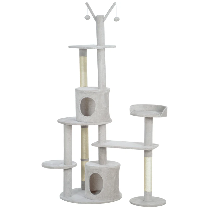 PawHut 73.5" Cat Tree Tower with Scratching Posts, Condos, Bed, Multi-Level Platforms, Toy Balls, for Indoor Cats, Light Grey