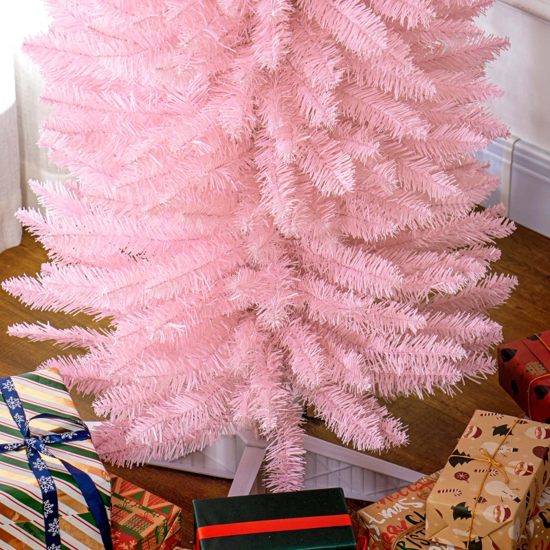 HOMCOM 8ft Unlit Pencil Artificial Christmas Tree with Realistic Branches and 618 Tips, Plastic Base, Pink