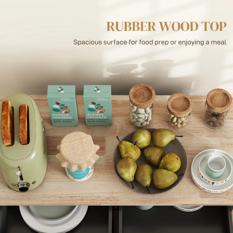 HOMCOM Kitchen Island on Wheels with Rubberwood Top, Rolling Kitchen Cart with 2 Drawers, 4 Doors and Adjustable Shelves