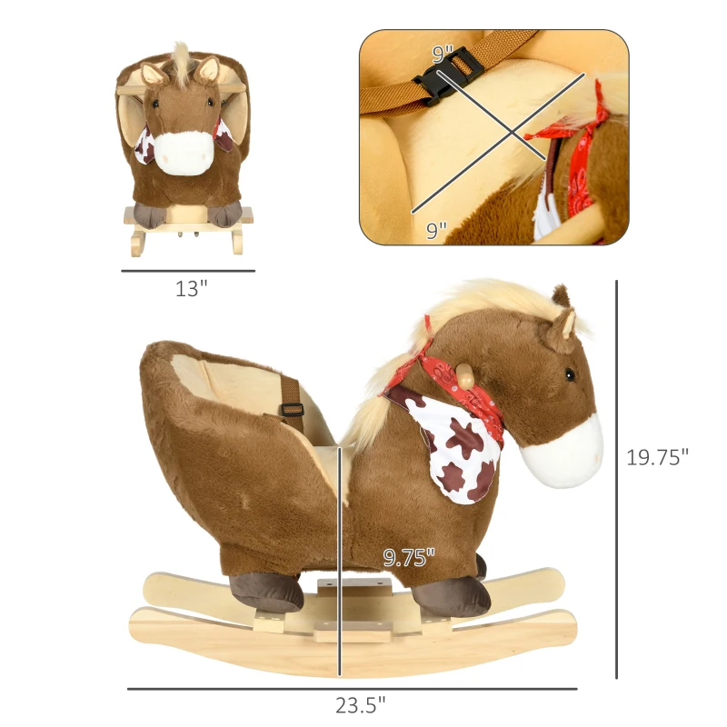 Qaba Baby Rocking Horse, Riding Horse, Plush Animal Rocker with Realistic Sound, Pedals for Ages 18-36 Months, Brown