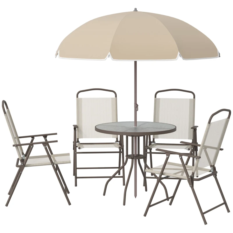 Outsunny 6 Pieces Outdoor Dining Set for 4 with Umbrella Patio Outdoor Furniture Set with Round Table 4 Folding Chairs Cream