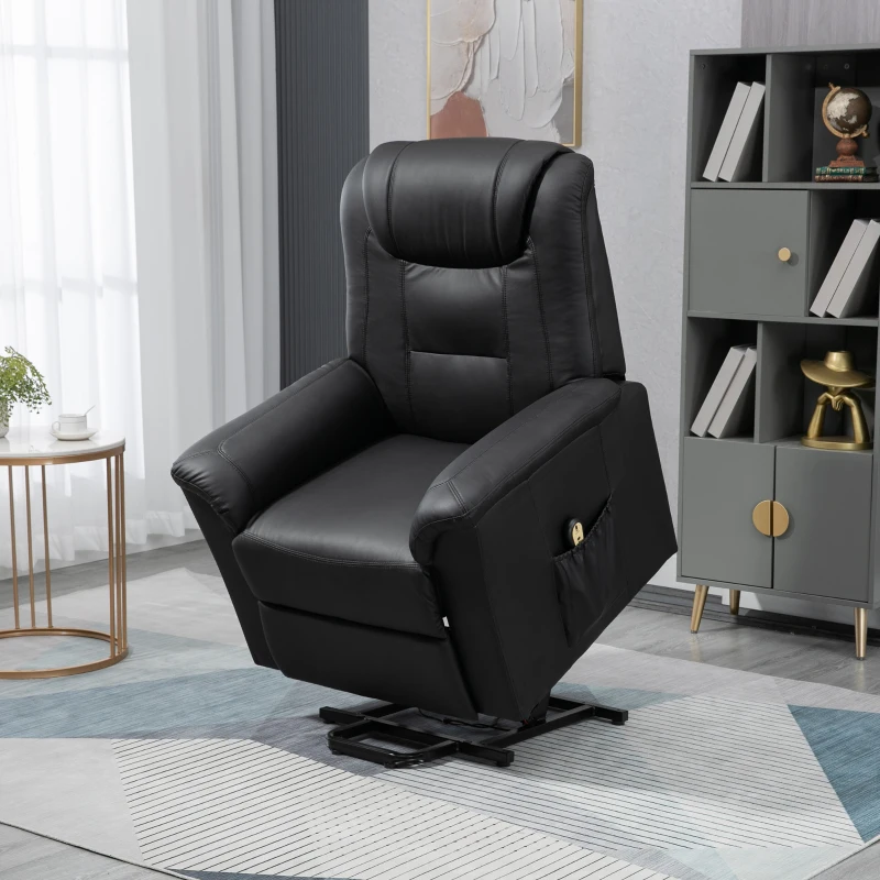 HOMCOM Electric Power Lift Chair for Elderly, PU Leather Recliner Sofa with Footrest and Remote Control, Side Pockets for Living Room, Black