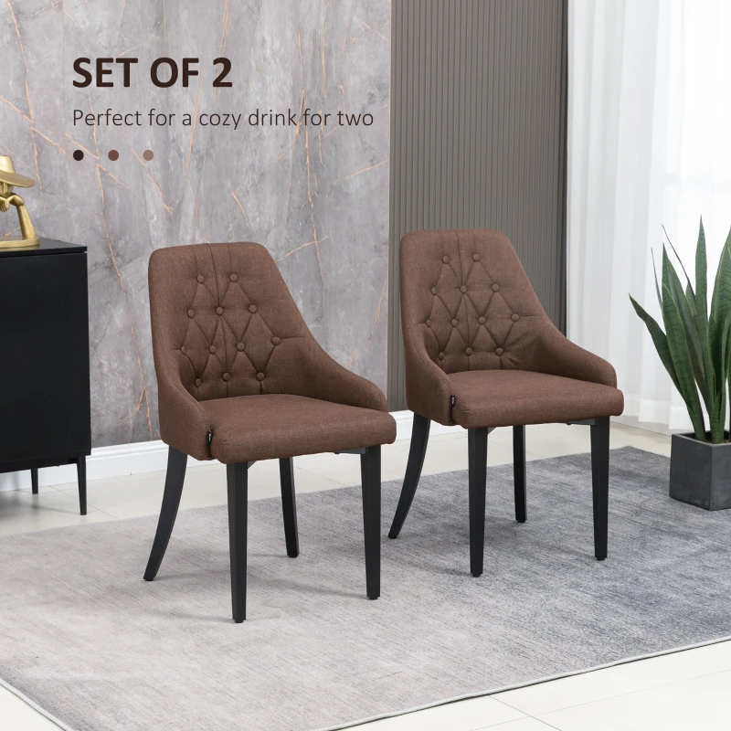 HOMCOM Modern Dining Chairs Set of 2, Button Tufted High Back Accent Chairs with Upholstered Seat, Steel Legs for Living Room, Kitchen, Study, Brown