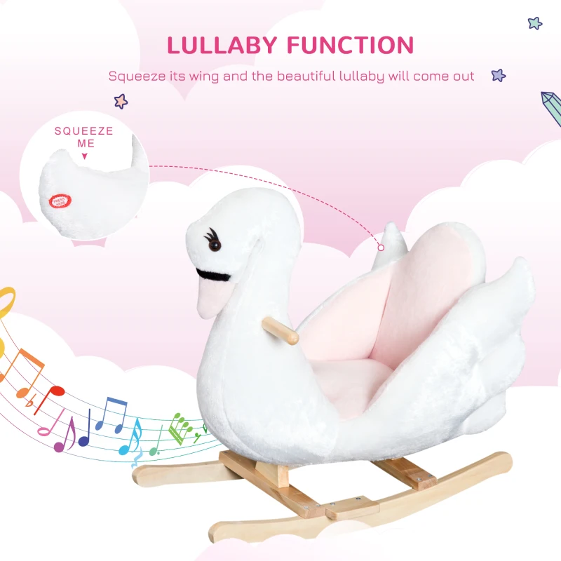 Qaba Kids Ride On Rocking Horse Plush Swan Style Toy with Music for Over 18 Months Children, White and Pink