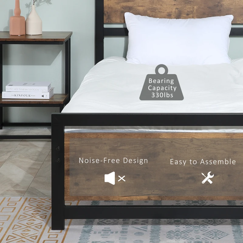HOMCOM Single Bed Frame with Headboard & Footboard, Strong Metal Slat Support Bed Frame w/ Underbed Storage Space, No Box Spring Needed, 41.75'' x 76.75'' x 40.5''
