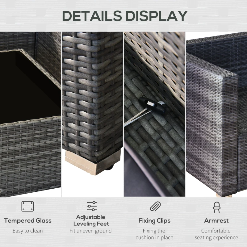 Outsunny 7pcs Garden Wicker Sectional Set w/ Tea Table Patio Rattan Lounge Sofa with Cushion, Dark Grey