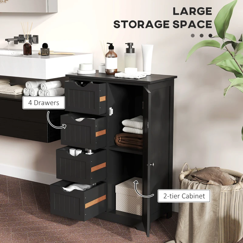 kleankin Bathroom Storage Cabinet, Floor Cabinet with Adjustable Shelf and 4 Drawers, Side Cabinet for Washroom, Black
