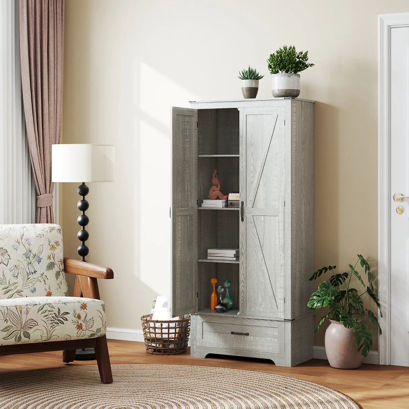 HOMCOM 72" Farmhouse Pantry Cabinet with Adjustable Shelves, Kitchen Pantry Cabinet with 2 Doors, Distressed Light Gray